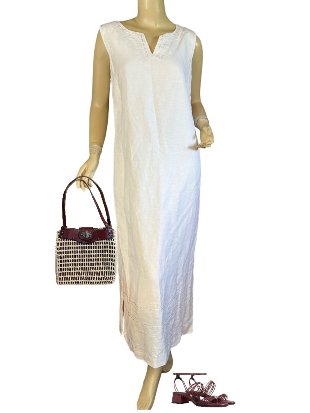 OFF WHITE LINEN BLEND CAROLE LITTLE EMBROIDERED ACCENT SHIFT MAXI DRESS (10) - Picture 1 of 14